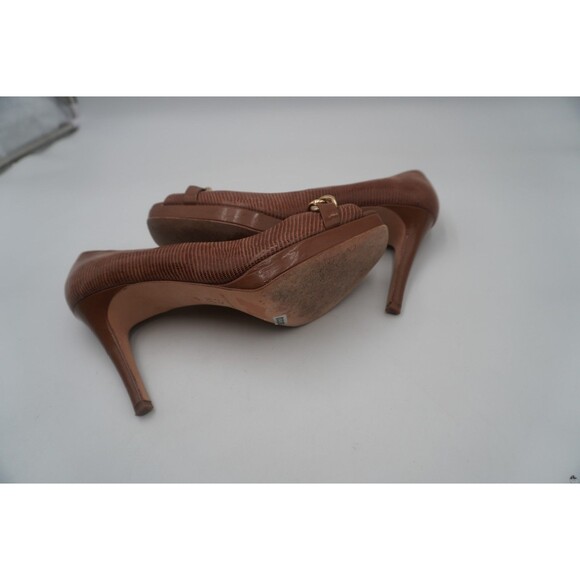 Antonio Melani Brown Embossed Leather Peep Toe Gold Chain Accent Dress Pumps 10M - Picture 9 of 11